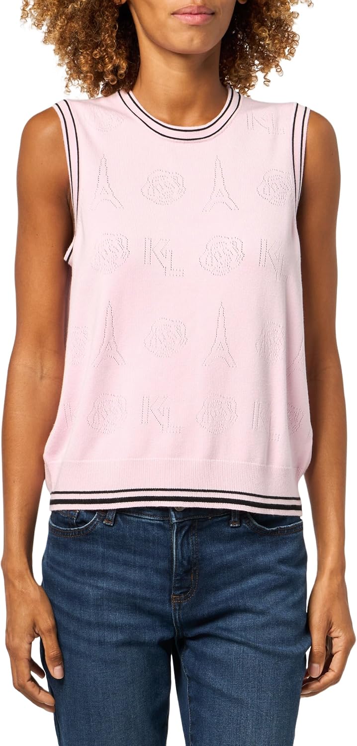 Karl Lagerfeld Women's Sleeveless Delicate Sweater with Classic Karl Theme Embroidery