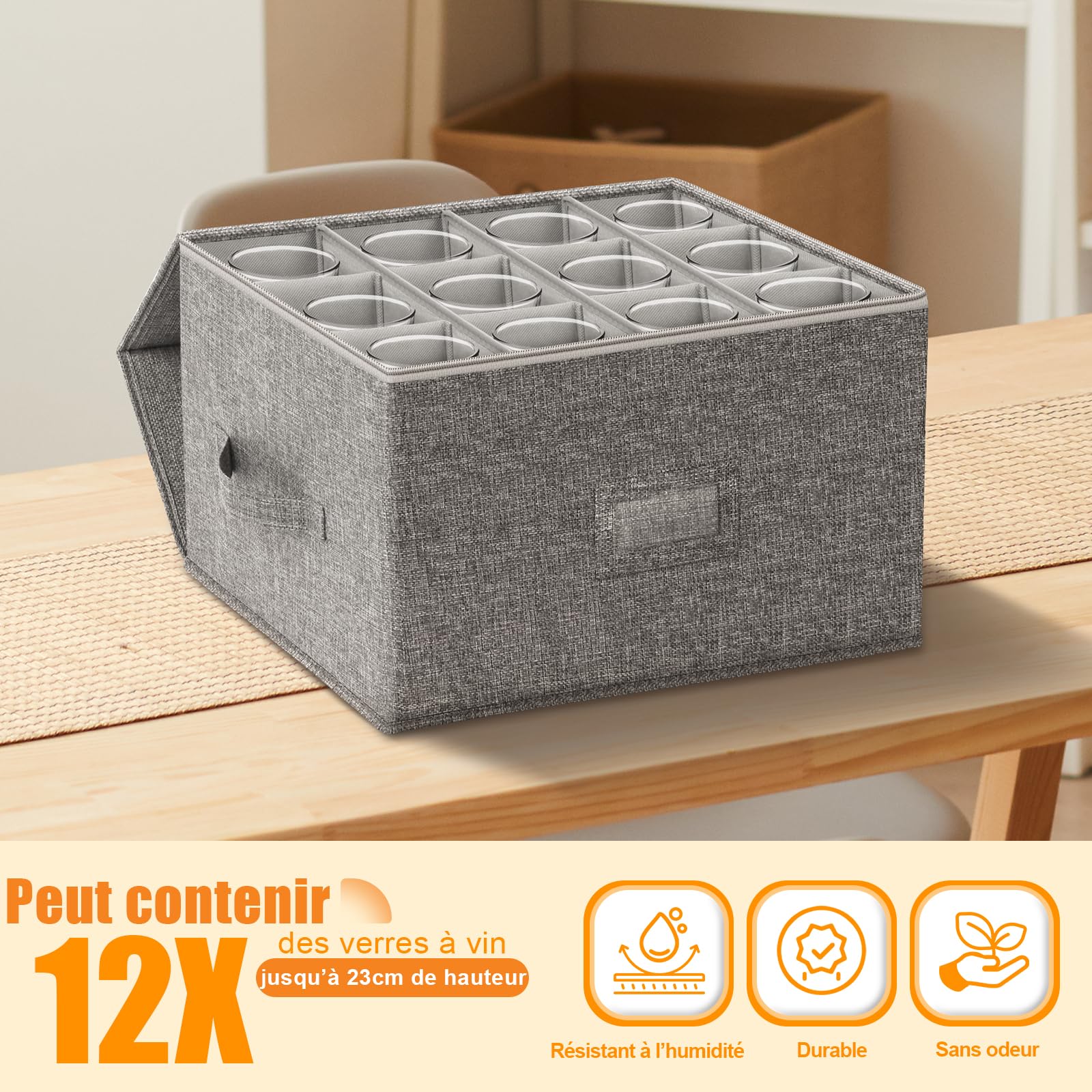 Kukikan Boîte de rangement pour verres à vin, contenant rigide pour verres à pied, boîtes de déménagement pour verres, carton pour verres avec séparateurs pour 12 articles en cristal, verres à vin