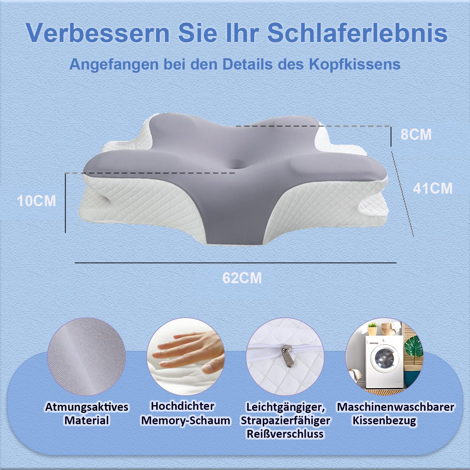 Almohada cervical, almohada para dormir de lado, cojín de mariposa, cojín ergonómico para el cuello, almohada de espuma viscoelástica, adecuada para los lados, la espalda y el estómago, 62