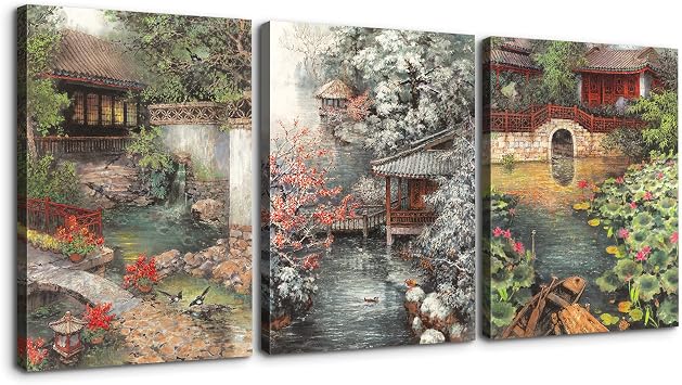 Denozer - 3 Piece Canvas Wall Art - Chinese Ancient Architecture Wall Decor for Living Room Bedroom Decoration, Stretched and Framed Ready to Hang - 32"x46"x3 Panels