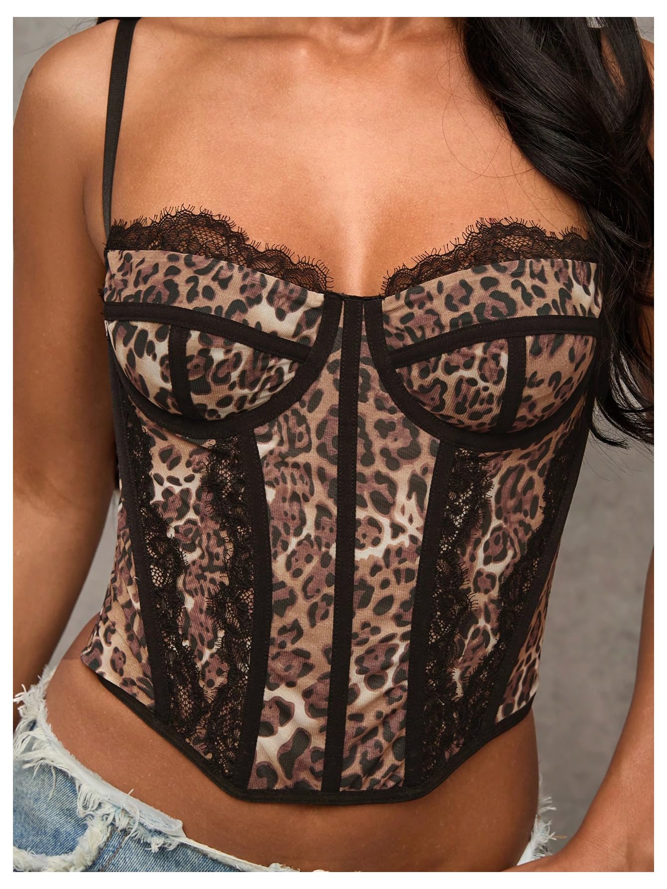 Verdusa Women's Y2K Lace Leopard Print Crop Corset Tops Rave Club Going Out Camisole Tops