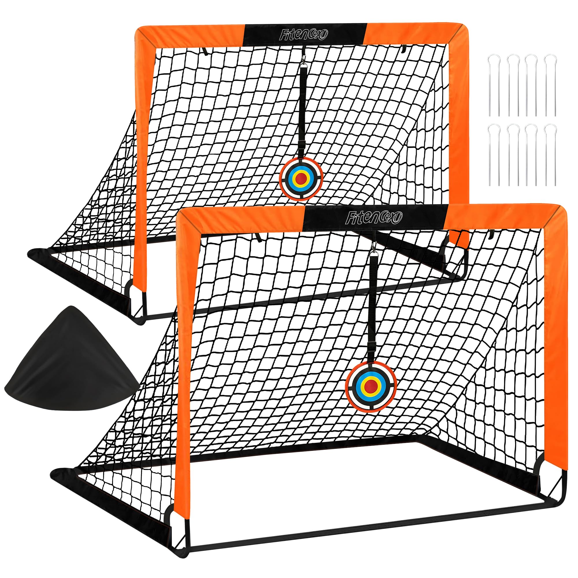 Fitencexu Pop Up Football Goals for Kids – 4x3ft Portable Football Nets Set of 2 with Carry Bag for Garden Backyard – Kids Football Training Equipment Includes Targets & Stakes (Orange)