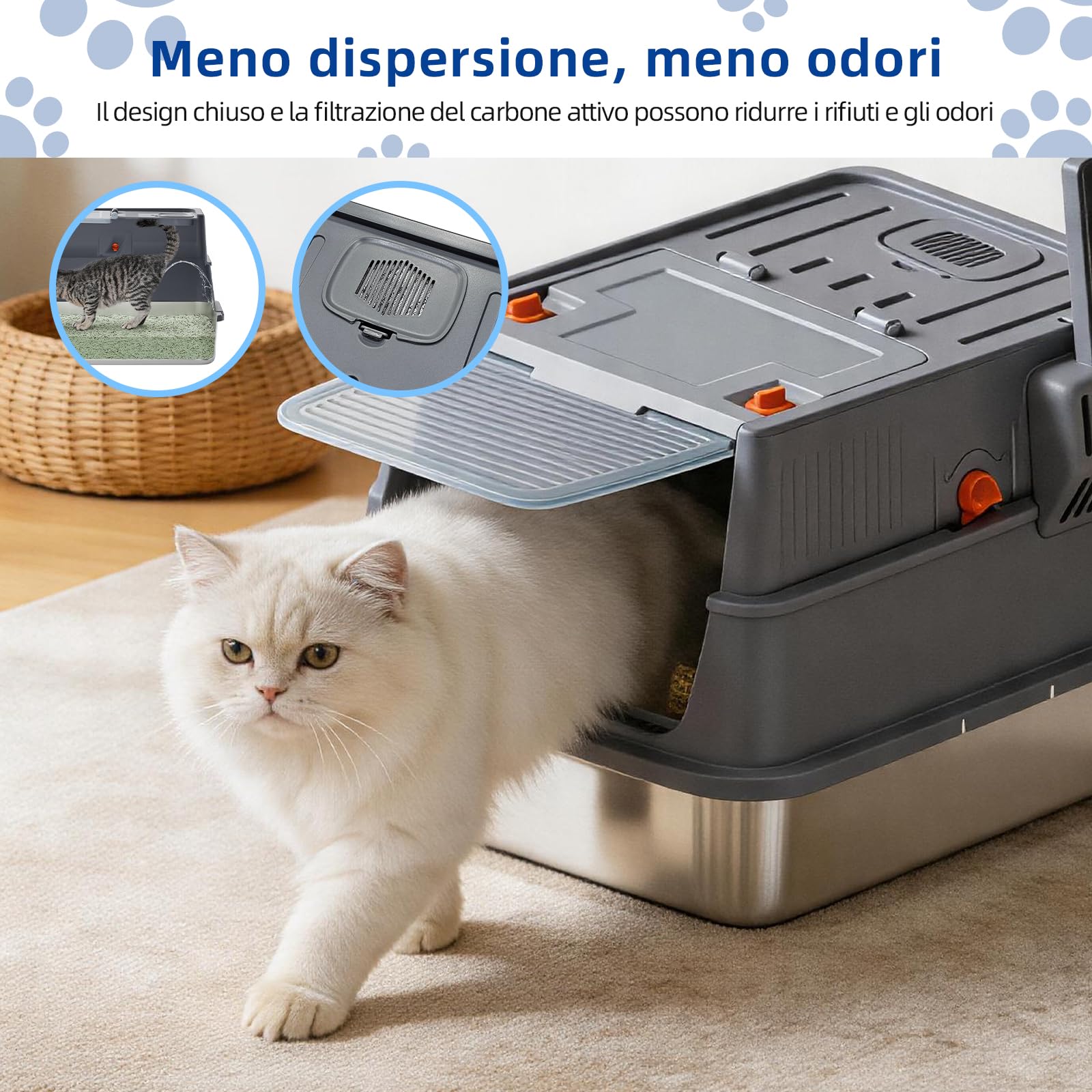Lettiera per gatti in acciaio inox con coperchio, piccola lettiera chiusa con lati alti per neonati e giovani gattini, facile da pulire, ideale per gatti piccoli, 45 x 35 x 36 cm