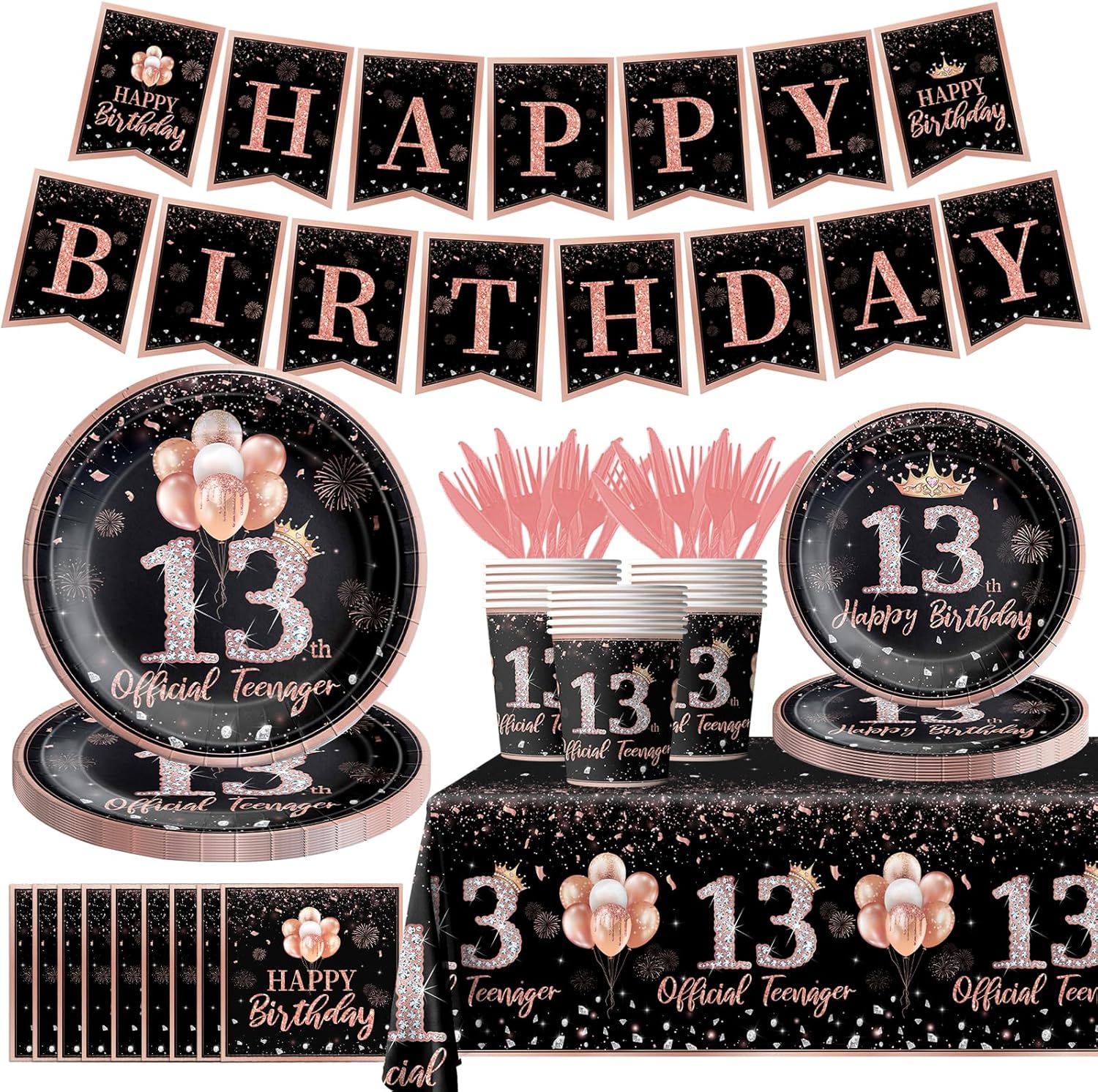 142Pcs 13th Birthday Tableware Decorations for Girls Rose Gold Happy 13 Birthday Party Supplies for Her Disposable Tablecloth,Plates,Napkins,Cups,Forks and Knives for 13th Birthday Party