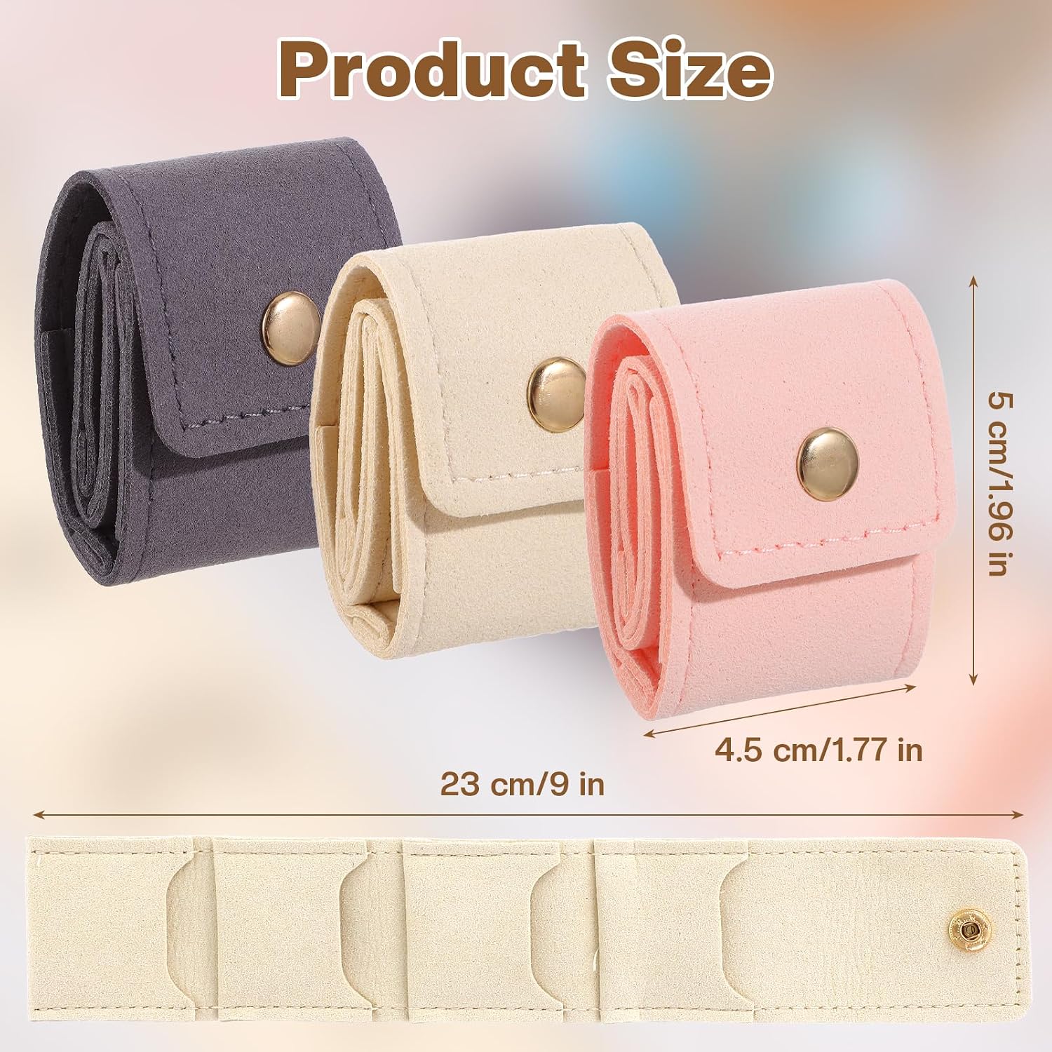 12 Pack Mini Jewelry Travel Pouch, Foldable Leather Jewelry Organizer Pouch Compact Case with Buckle Travel Accessories for Necklaces, Rings & Earrings (Beige, Pink, Gray)