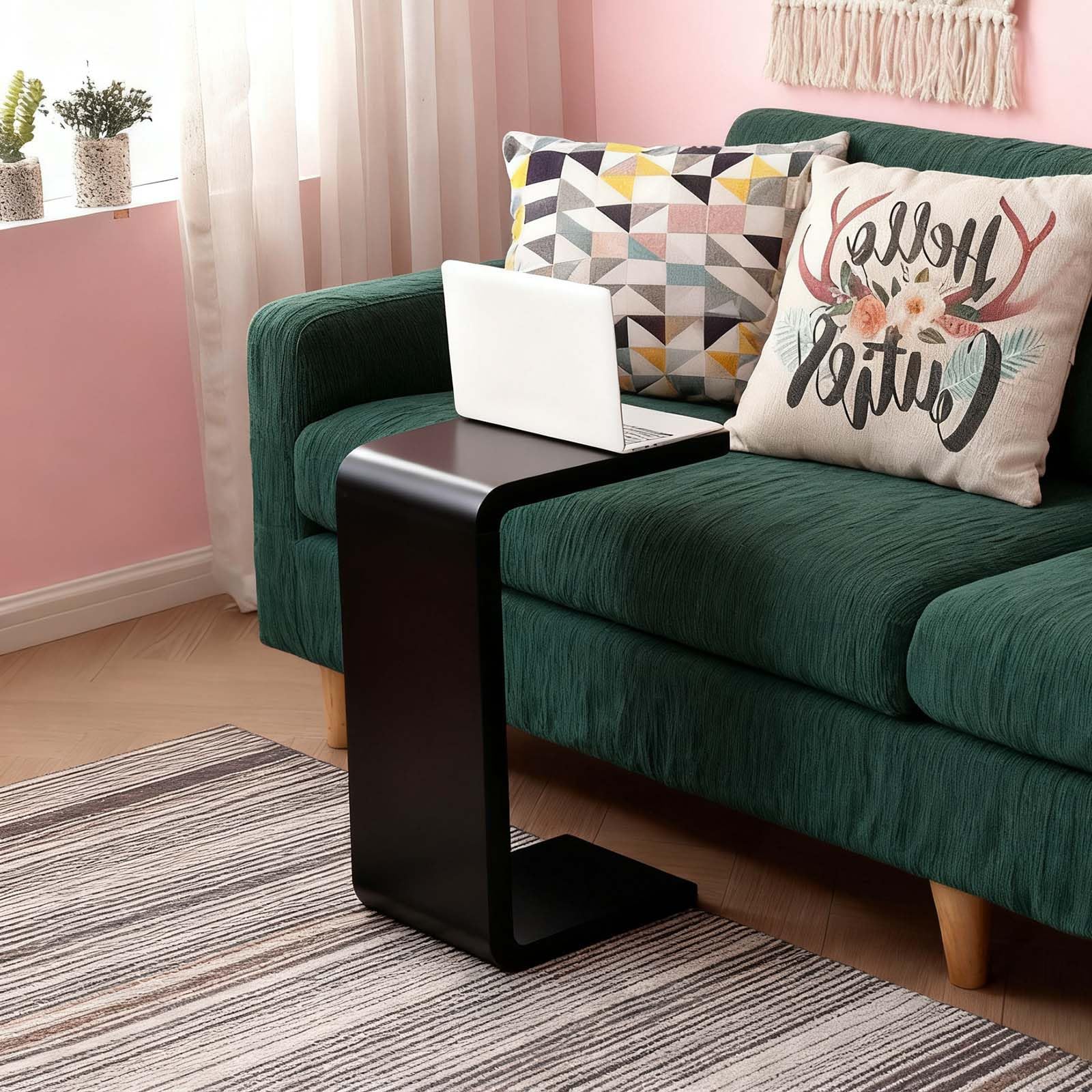 C Shaped End Table Small Side Table for Couch Walnut Sofa Table Wooden Narrow Couch Side Table Rustic C Table for Living Room Office Bedroom (Black)