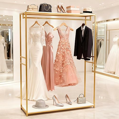 Miniatura 2 de Estante de ropa de oro al por menor de 75 pulgadas con estantes, estante de ropa para boutiques, estante de exhibición de vestido de boda, estante