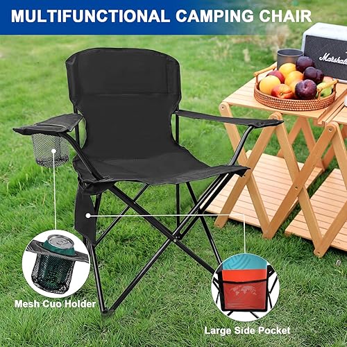 Miniatura 4 de Sillas plegables plegables para camping, silla de césped resistente con bolsa refrigeradora, bolsillo de almacenamiento, bolsa impermeable, silla
