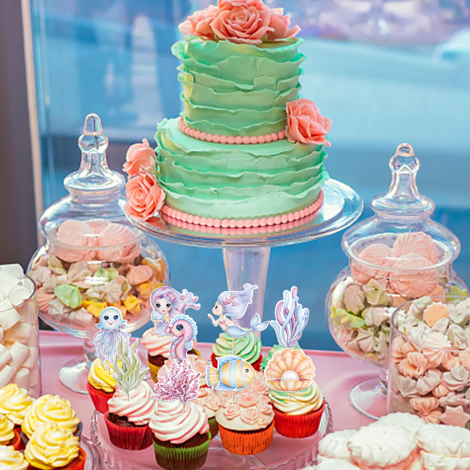 32 Stück Meerjungfrau Cupcake-Topper Unterwasser-Motive - Deko Für Geburtstag, Baby-Party, Meeresthema