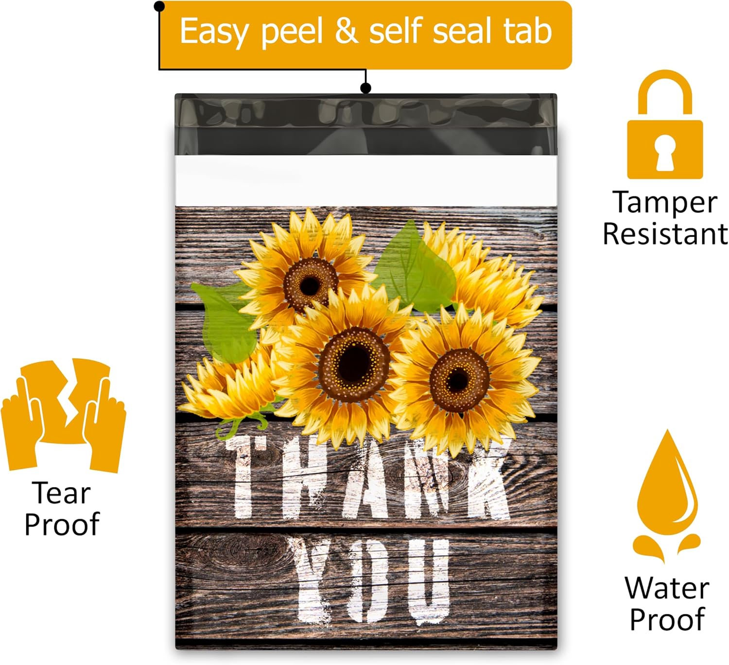 10x13 (100) Sunflower Thank You Fall Designer Poly Mailers Waterproof Self Sealing Tear Resistant Polymailers Shipping Envelopes Premium Printed Bags For Small Businesses