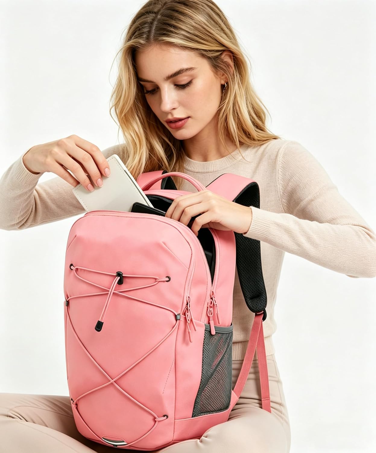 KEOFID Casual Backpack for Men and Women, Hiking Backpack for Travel, Black Daypacks for Sports, College, Water Resistant(Pink)
