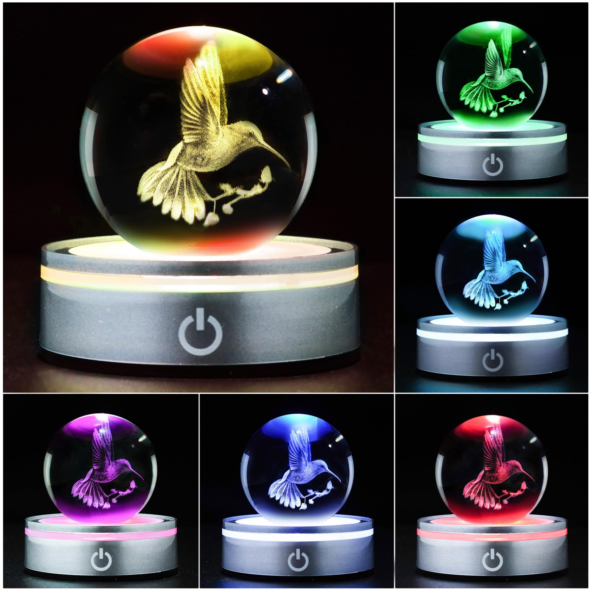 YU FENG 3D Hummingbird Decor Crystal Ball Night Light Hummingbird Gifts for Women Mom Glass Animals Figurines for — view 3