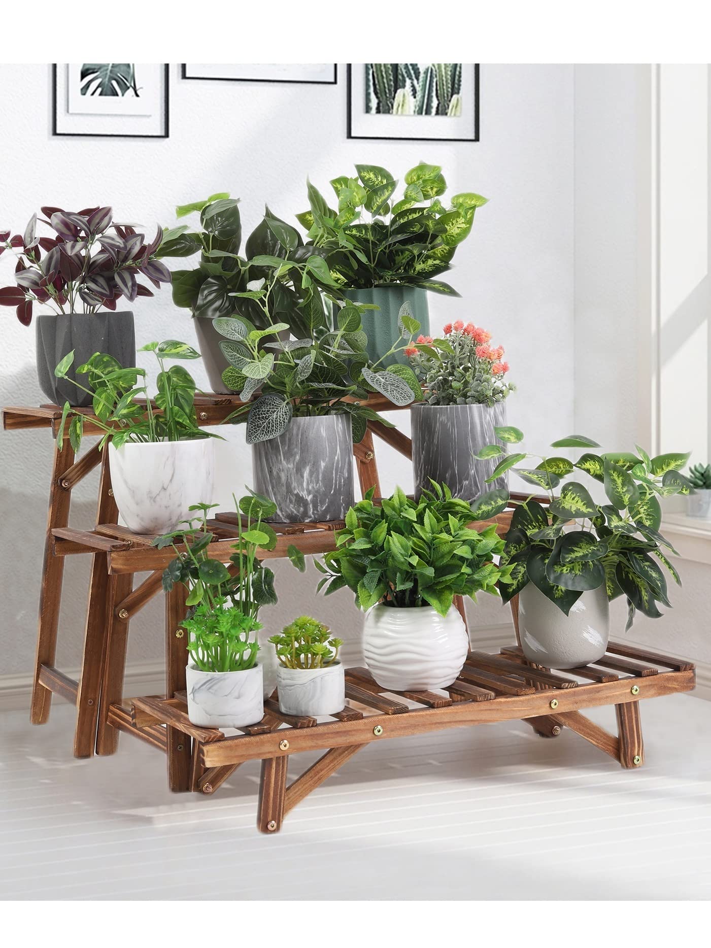 Support de fleurs à 3 niveaux autonome en bois pour plantes d'intérieur et d'extérieur