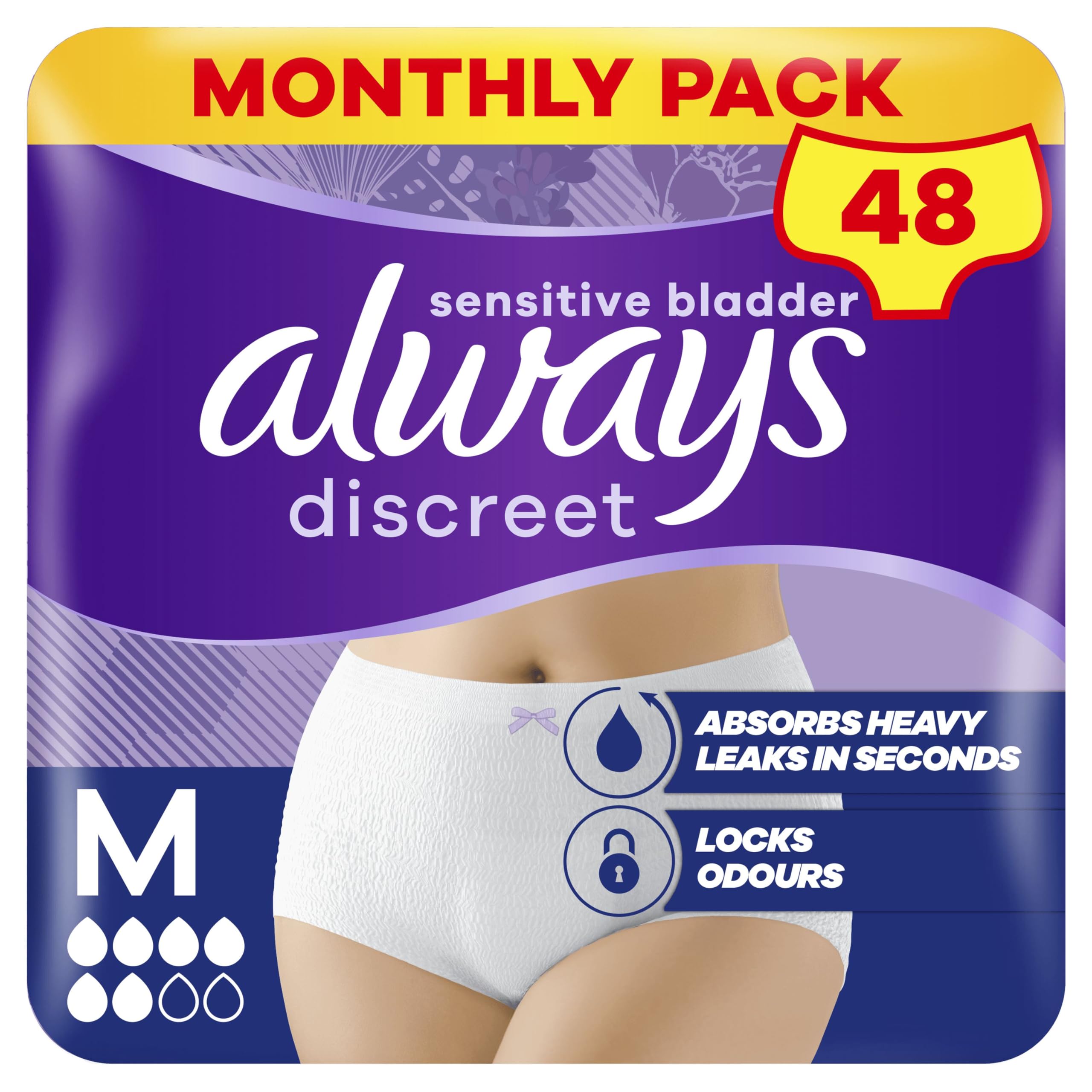 Always DiscreetIncontinence Pants Women, Medium, Disposable Underwear Women, UK Size 8-14, White, Absorbency 6, 48 Underwear , Knickers (12 x 4 Packs), Bladder Leak Protection , Maternity Postpartum