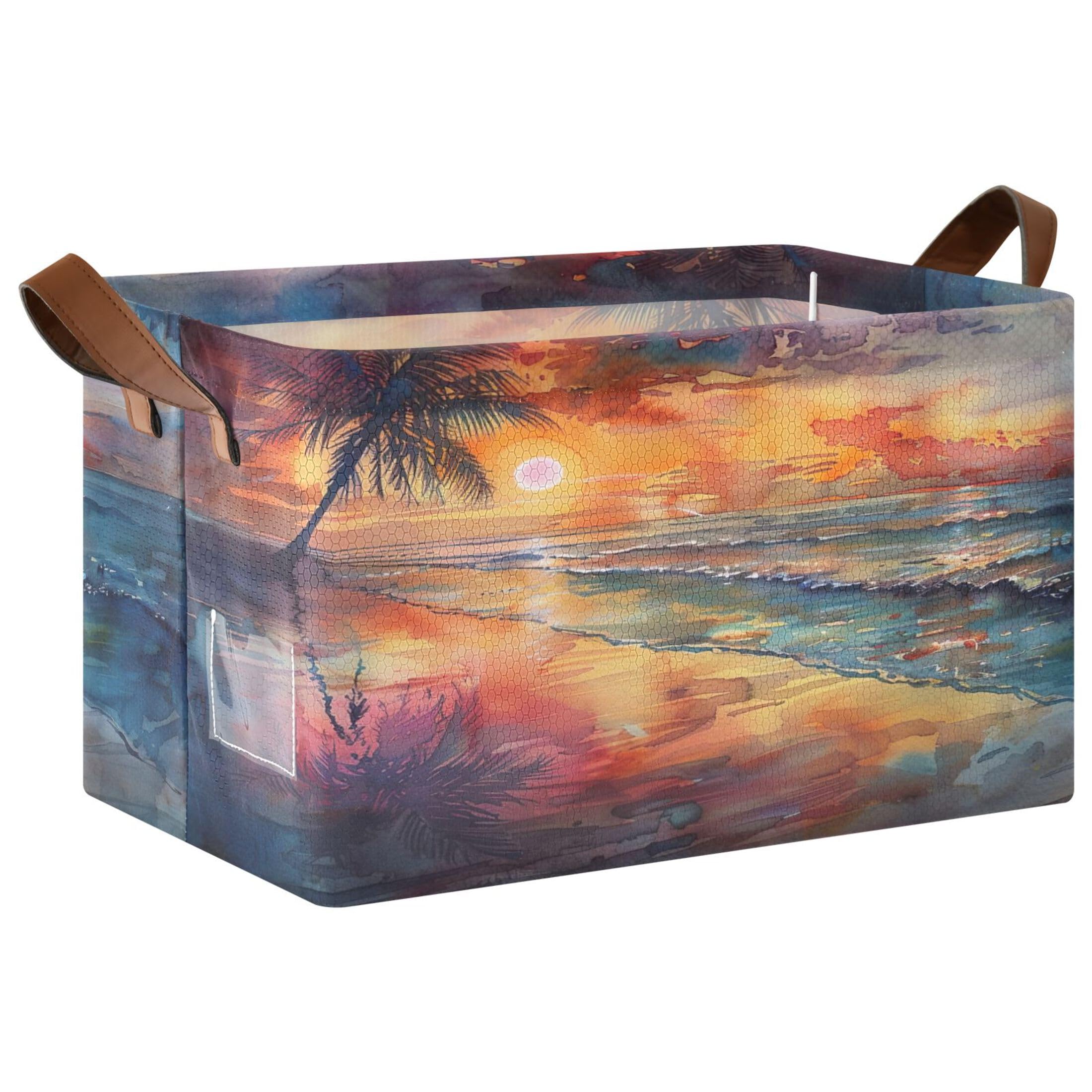 Kutsu Foldable Storage Basket Watercolor Beach Collapsible Storage Bin with Handles for Shelves, Rectangle Basket for Home Nursery Decor, 16.9x11.4x10 in
