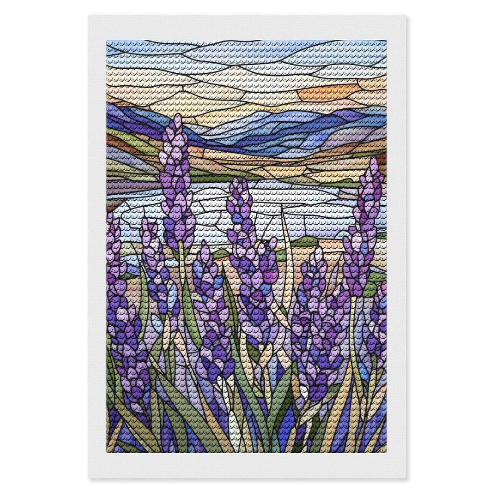 Junmoney Stained Glass Lavender Field Diamond Painting Set 8"x12", for Beginners, Modern Decor, Simple to Start, Gift Idea, Pleasing Wall Art Project