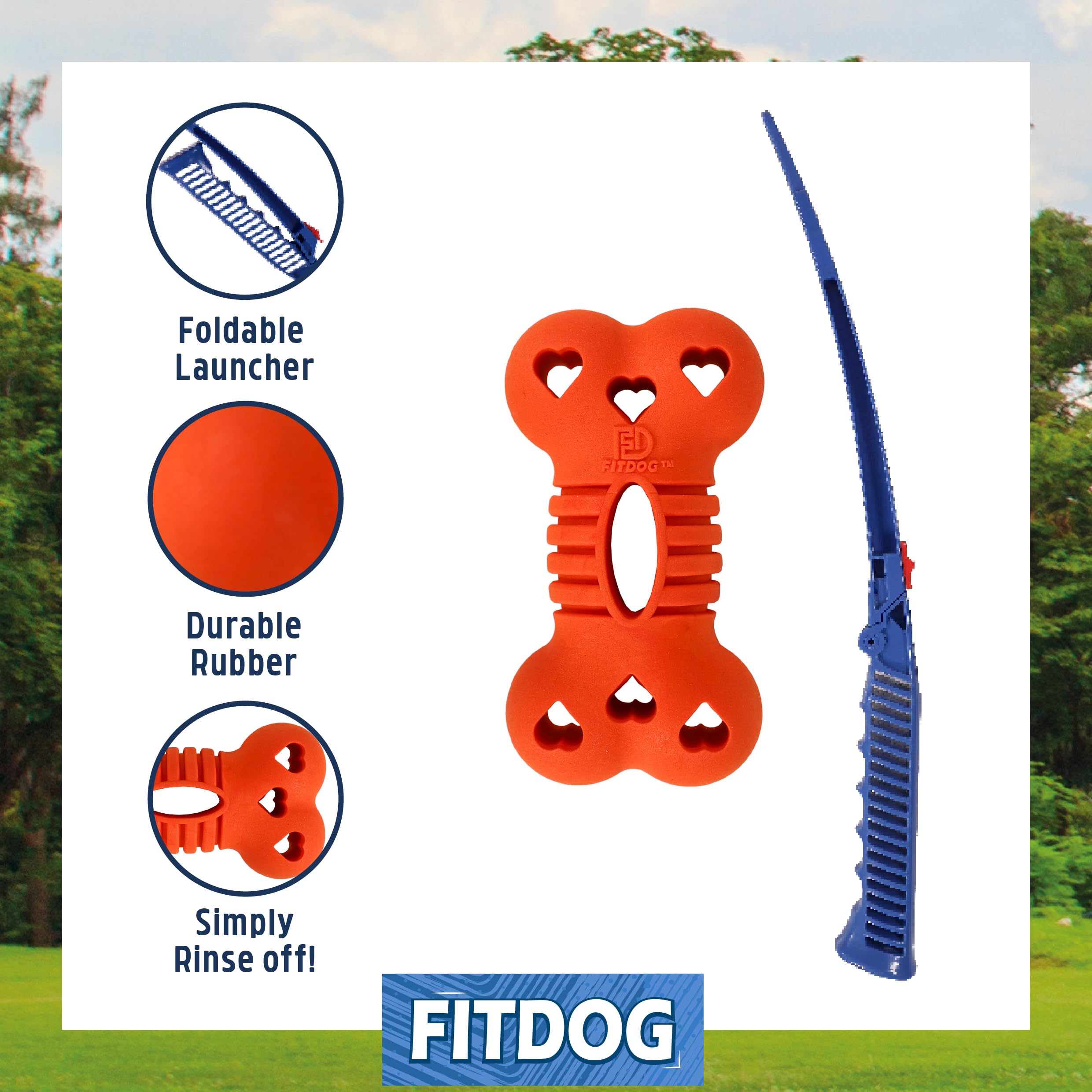 Rosewood Fit Dog Rubber Bone Throw Toy with Foldable Launcher, Durable Outdoor Dog Fetch Toy & Flinger - Image 2