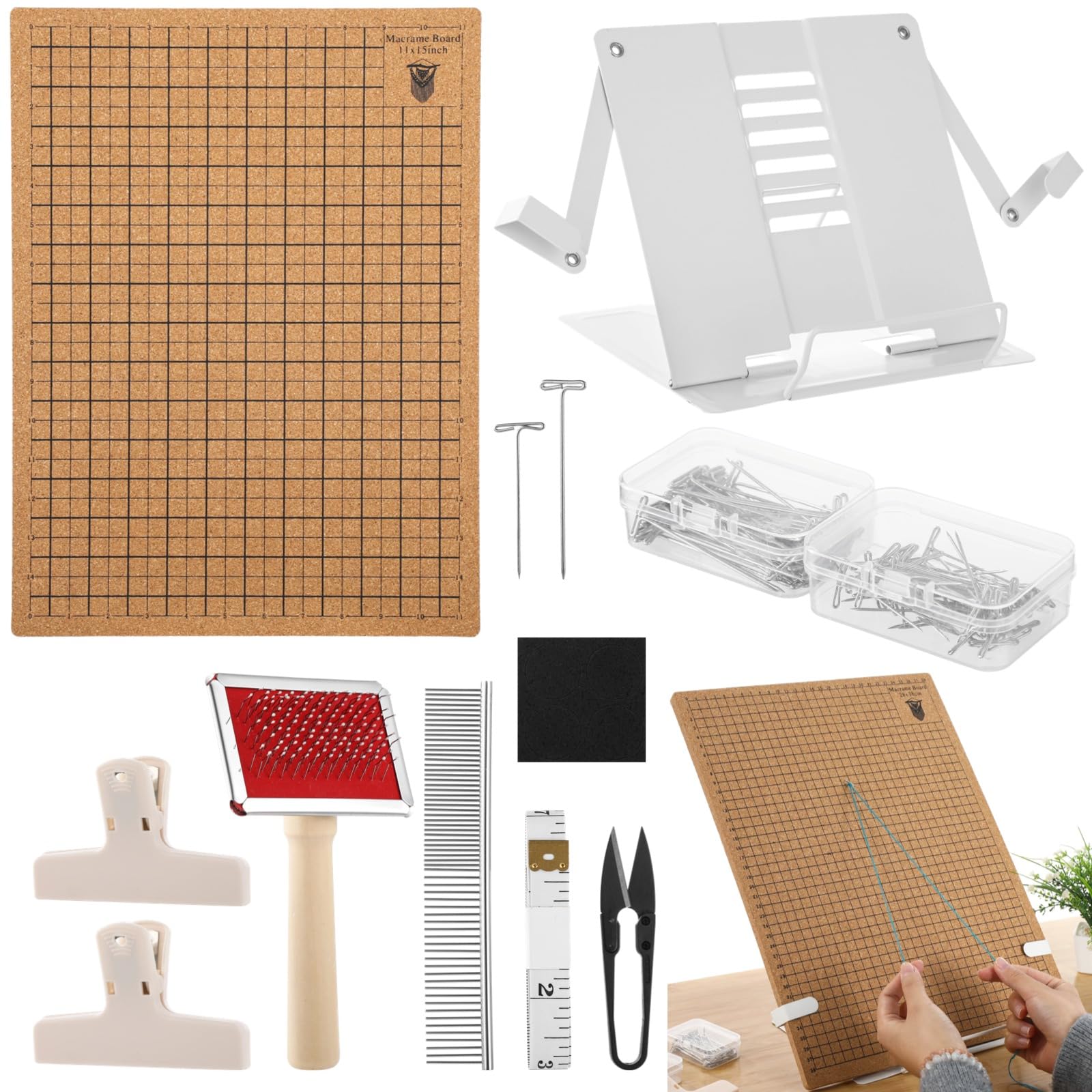 Epicover Macrame Board and Pins Kit with Adjustable Stand, 38 × 28 cm Double-Sided Grid Cork Bracelet Making Board, Complete Macrame Kit for Beginners, for Jewellery, Tassels & Home Craft Projects