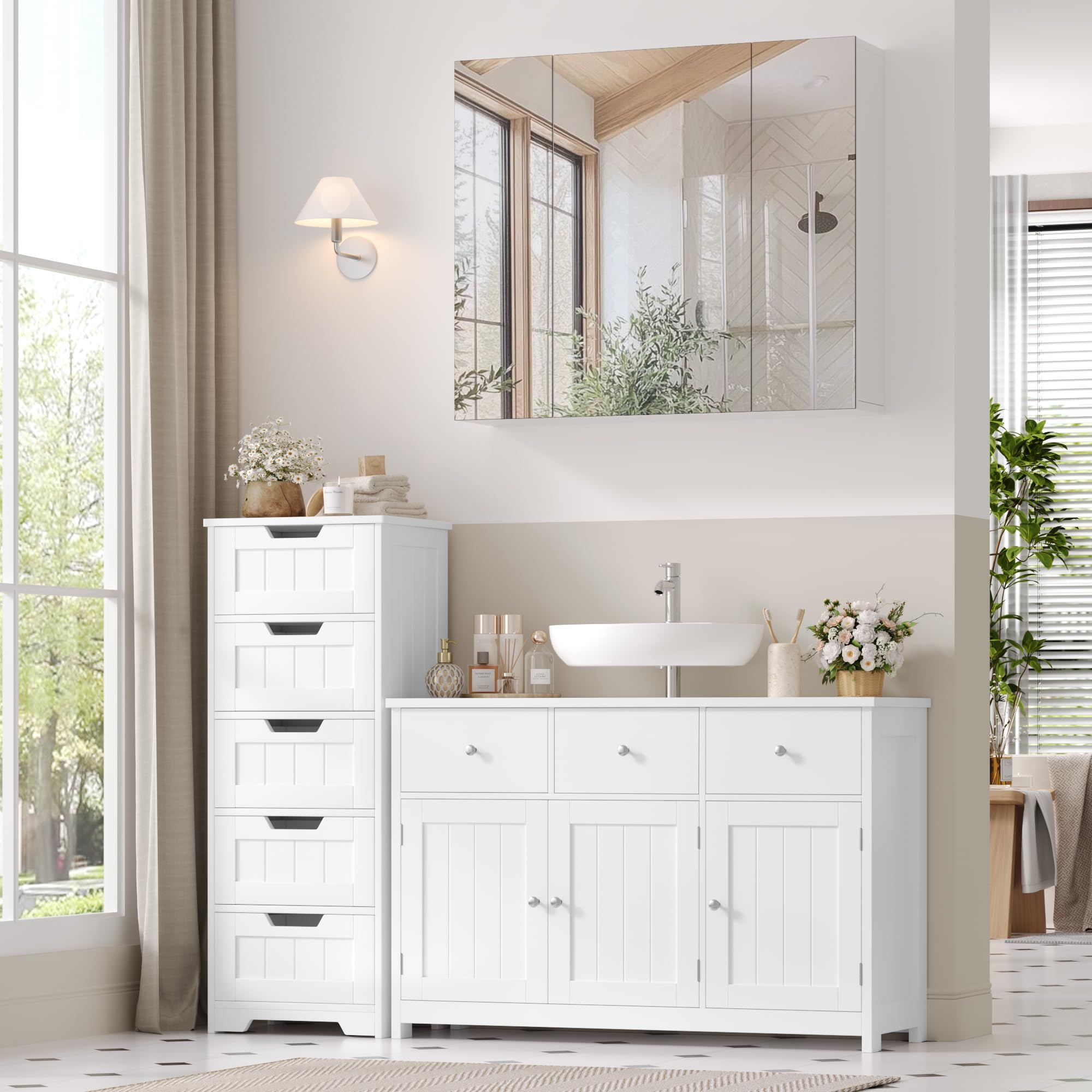 FOREHILL Szafka pod umywalkę, 100 cm szerokości, szafka łazienkowa z 3 drzwiami i 2 szufladami do łazienki, 100 x 30 x 61 cm, biała