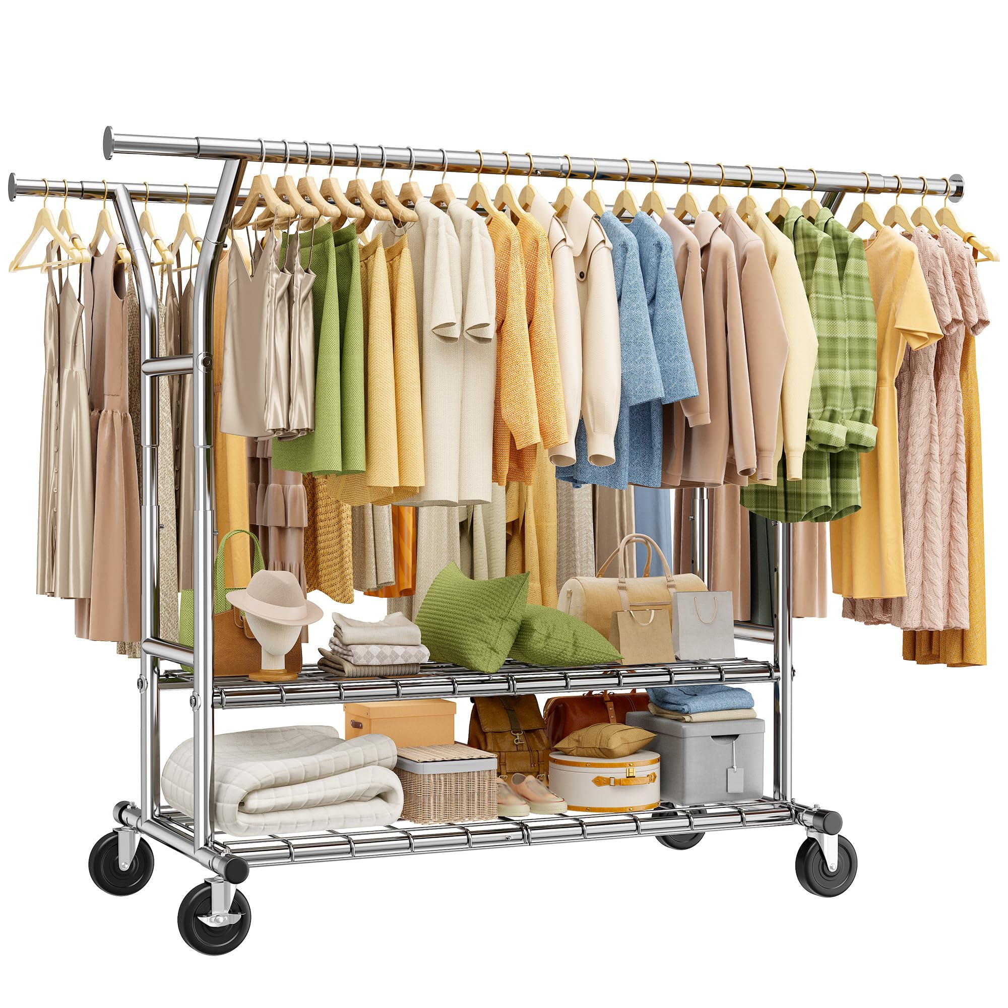 Burro Ropa Sólido con Ruedas, Perchero Burro Ropa Extensible com Cargas Pesadas, Capacidade de Carga Máxima. 200kg, Roupa con Ruedas Para Almacenamiento, Entrada, Quarto ou Vestiário, Prata