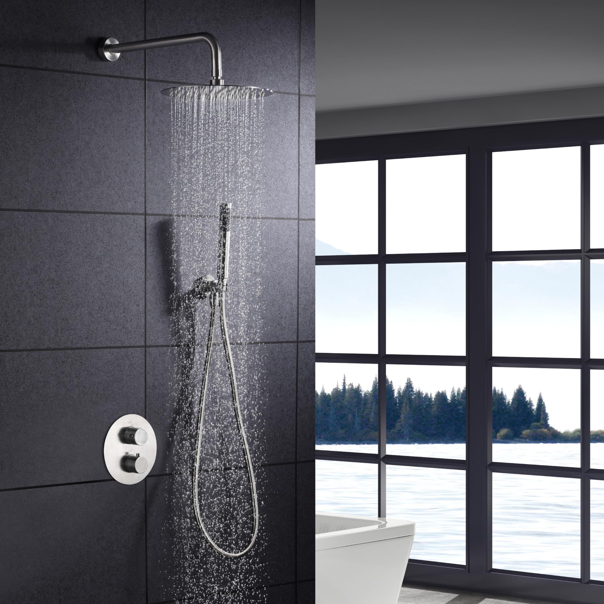 IMEX - Doccia Esterna a Parete Acciaio Inox | Doccia da Giardino a Incasso Esterna a Parete in Acciaio S.316 | Set Termostatico con Acqua Fredda e Calda per Piscina con Soffione | Serie Mosca
