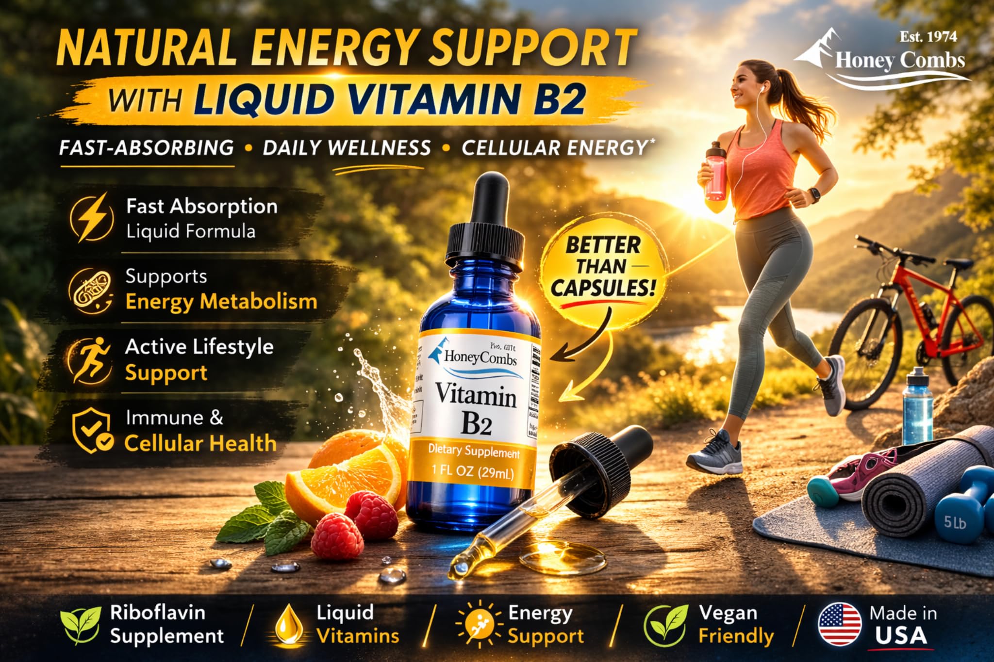 HoneyCombs Liquid Vitamin B2 Drops Riboflavin B2 Supplement 1 Fl Oz | Headache Support Energy Metabolism & Nervous System Support High Potency Alcohol Free Vegan Fast Absorbing product thumbnail 7