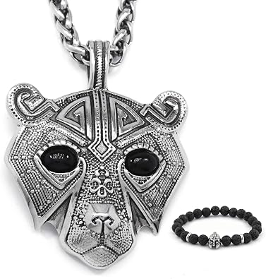 BAVIPOWER Viking Bear Norse Berserker Pendant Necklace 4mm Keel Chain Stainless Steel Asatru Pagan Jewelry for Men Women