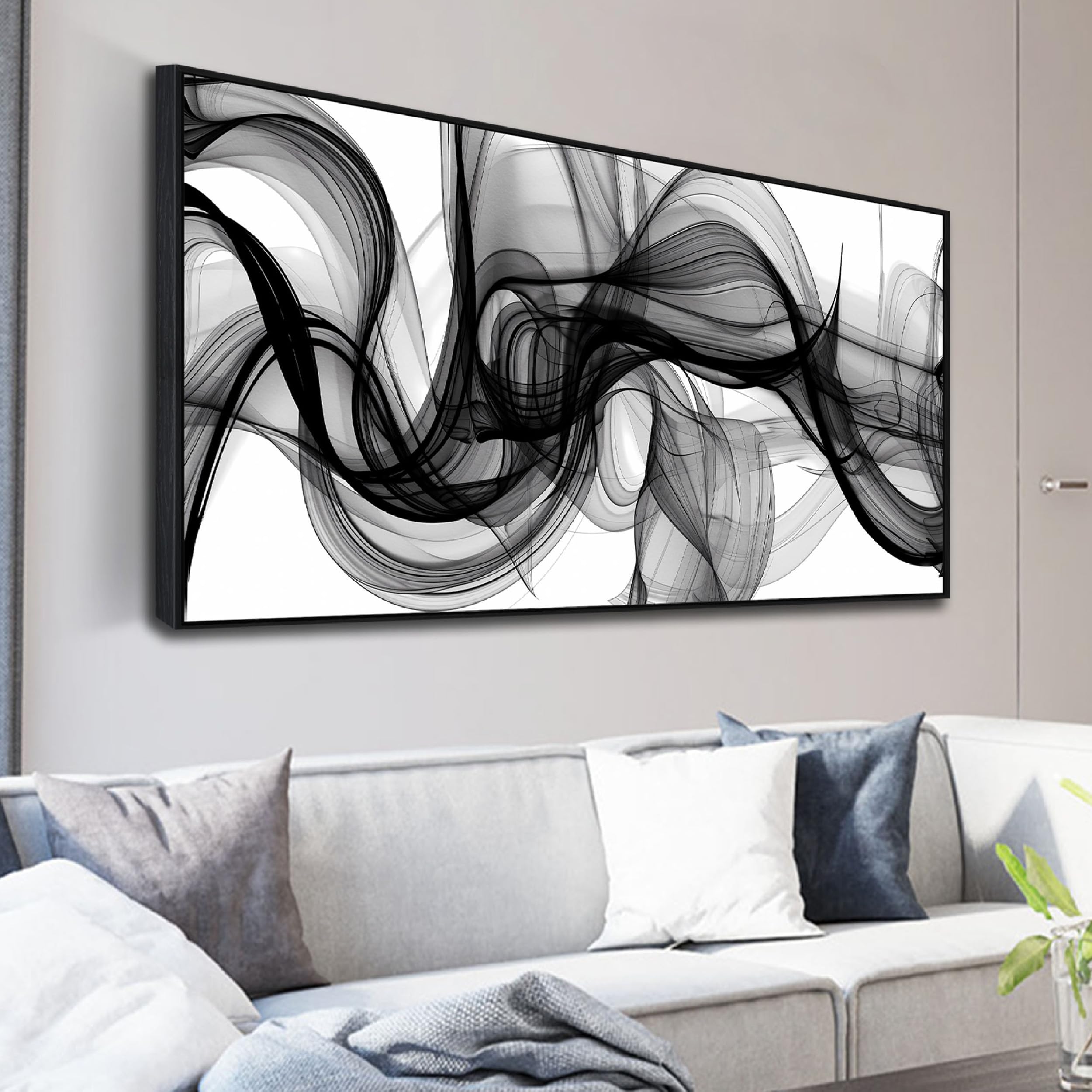 ( similar pictures) Abstract Wall Art for Living Room, Black and White Canvas Wall Decor for Bedroom, Smoke Picture Print, Large Size 59 x 29 Inches Framed