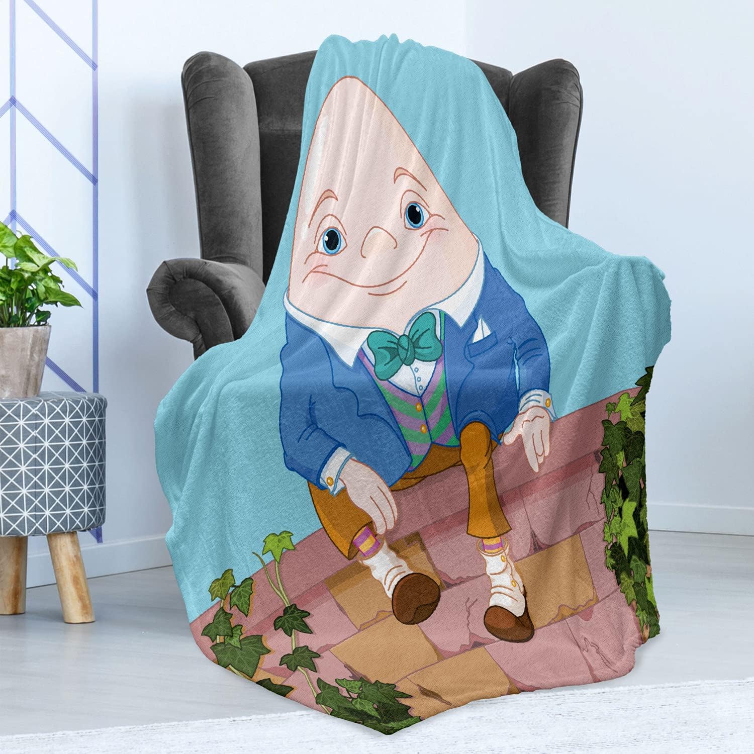 Lunarable Alice in Wonderland Throw Blanket, Egg Humpty Dumpty Sitting on Brickwork Wall in Colorful Cartoon Style, Flannel Fleece Accent Piece Soft Couch Cover for Adults, 50" x 60", Brown Pink 50" x 60" Brown Pink