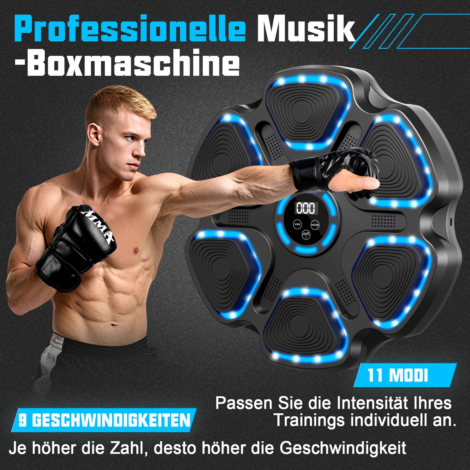 FBSPORT Music Boxing Machine,Smart Musik Boxen Machine mit Boxhandschuhen, Boxen Training Ausrüstung für Erwachsene Kinder, Boxmaschine mit Musik mit 7 Strike Points 11 Modi & 9 Geschwindigkeiten