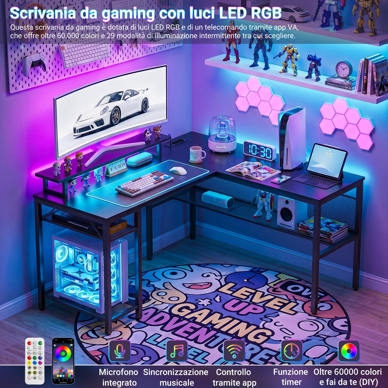 Homieasy Scrivania Angolare Gaming 141x118cm Reversibile LED e Prese | Supporto per Monitor, Ripiani a Griglia in Metallo, Trasformabile in 210 cm