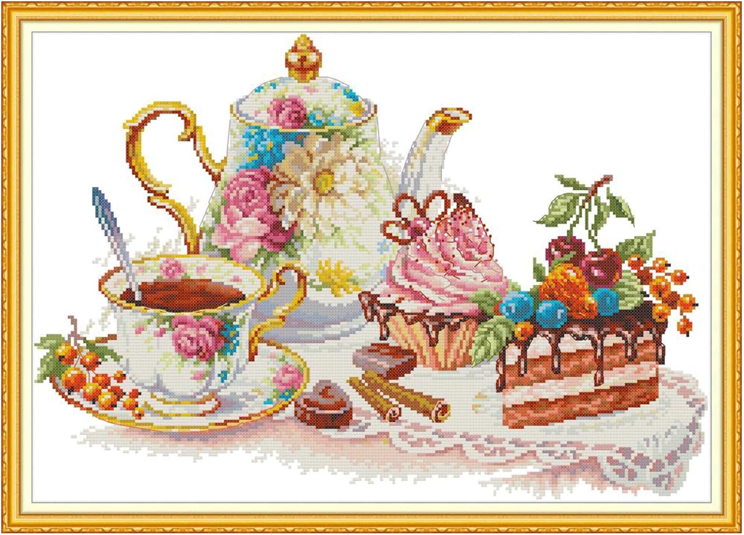 Cross Stitch Kits Stamped Full Range of Embroidery Starter Kits for Beginners DIY 14CT Easy Patterns Embroidery for Girls Crafts-Afternoon tea 18.9×13.8 (inch)