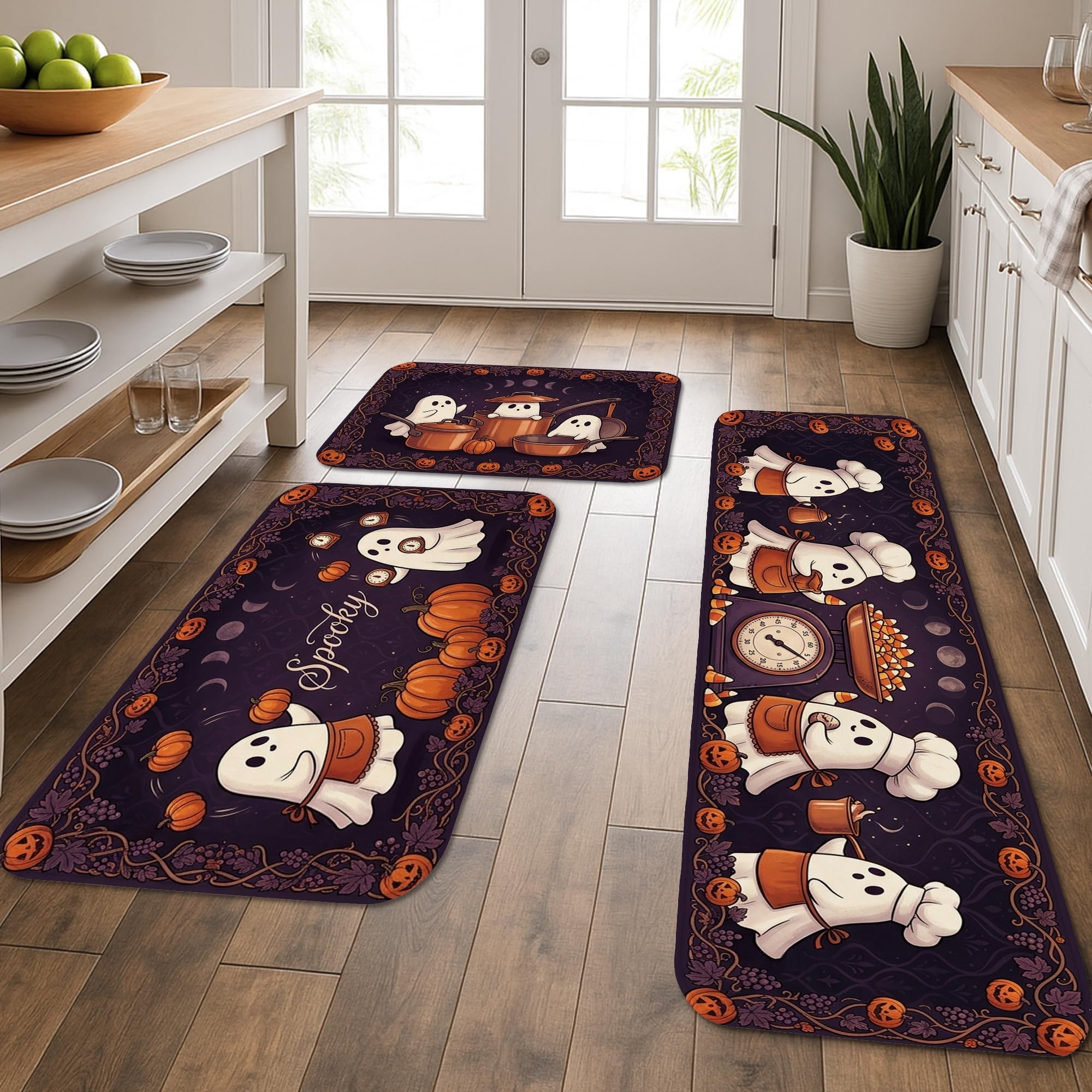 Alfombras de cocina Ghost violetas para decorar tu suelo en Halloween y otoño