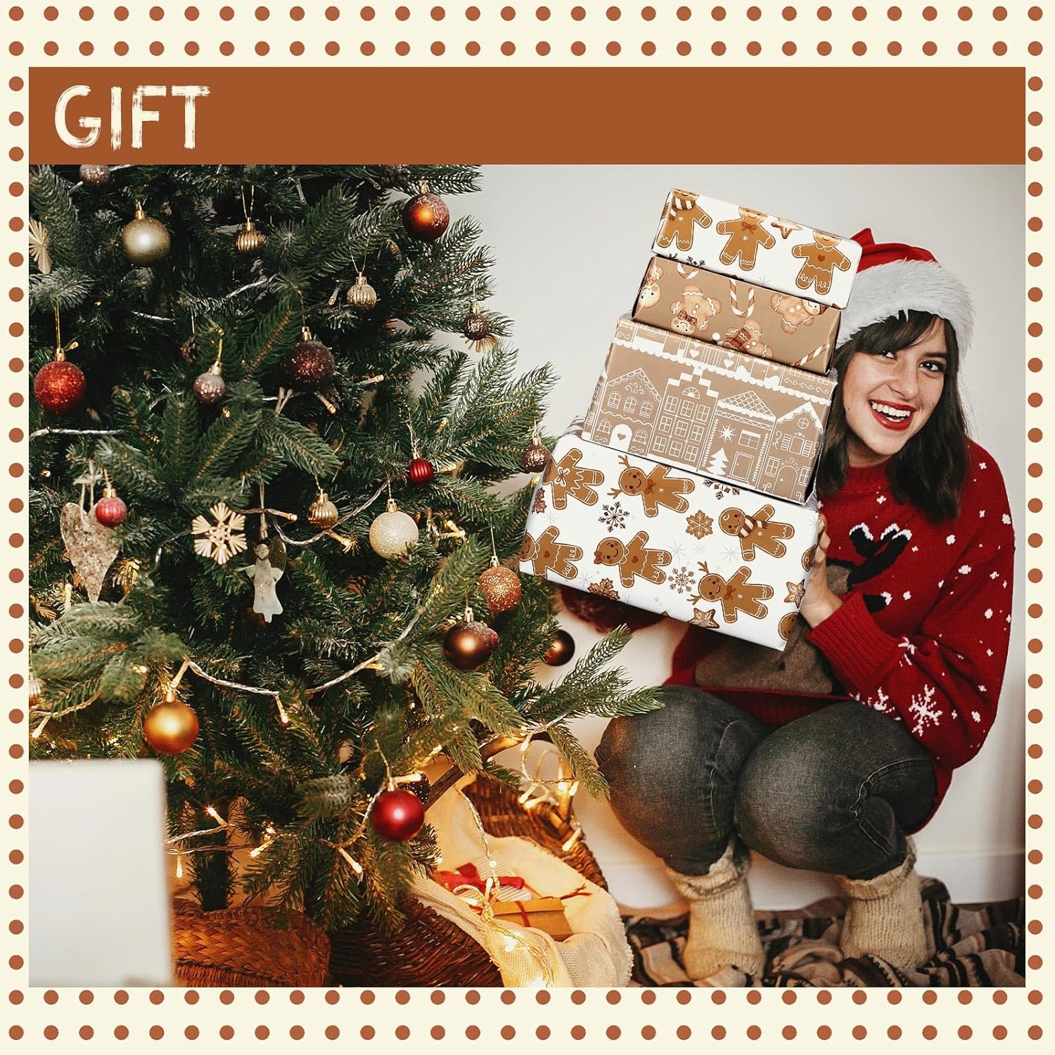 Watersay 12 Sheet Christmas Wrapping Paper Not Roll Vintage Funny Animal Gift Wrap Folded Flat for DIY Crafts Birthday Holiday Xmas Party Supplies, 20" x 28" (Gingerbread Man,Brown)