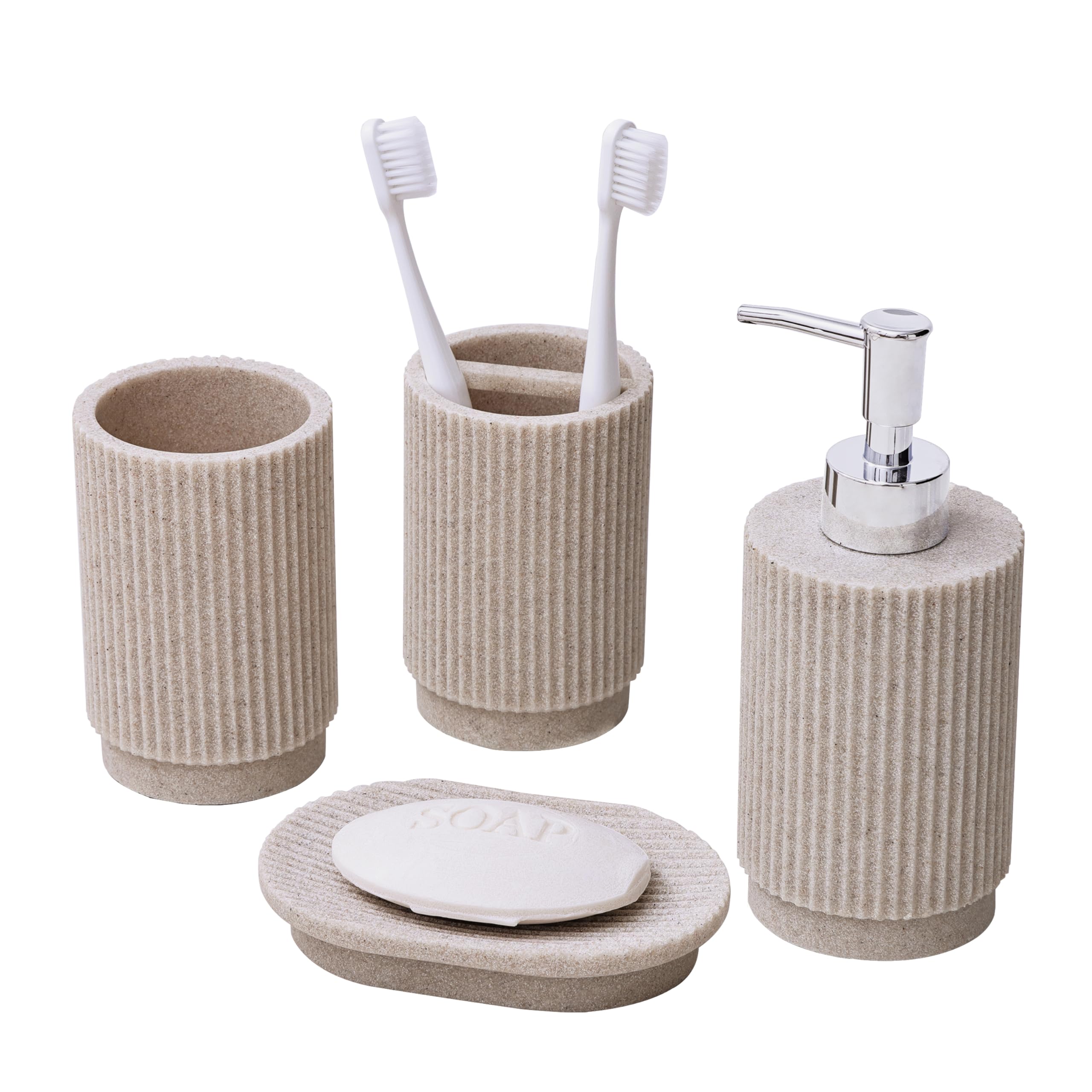 Juego de Baño 4 Piezas - Dispensador de Jabón + Vaso de Dientes con Bandeja - Diseño Rayas (Beige), Resina Premium - Incl. Porta Cepillos & Jabonera