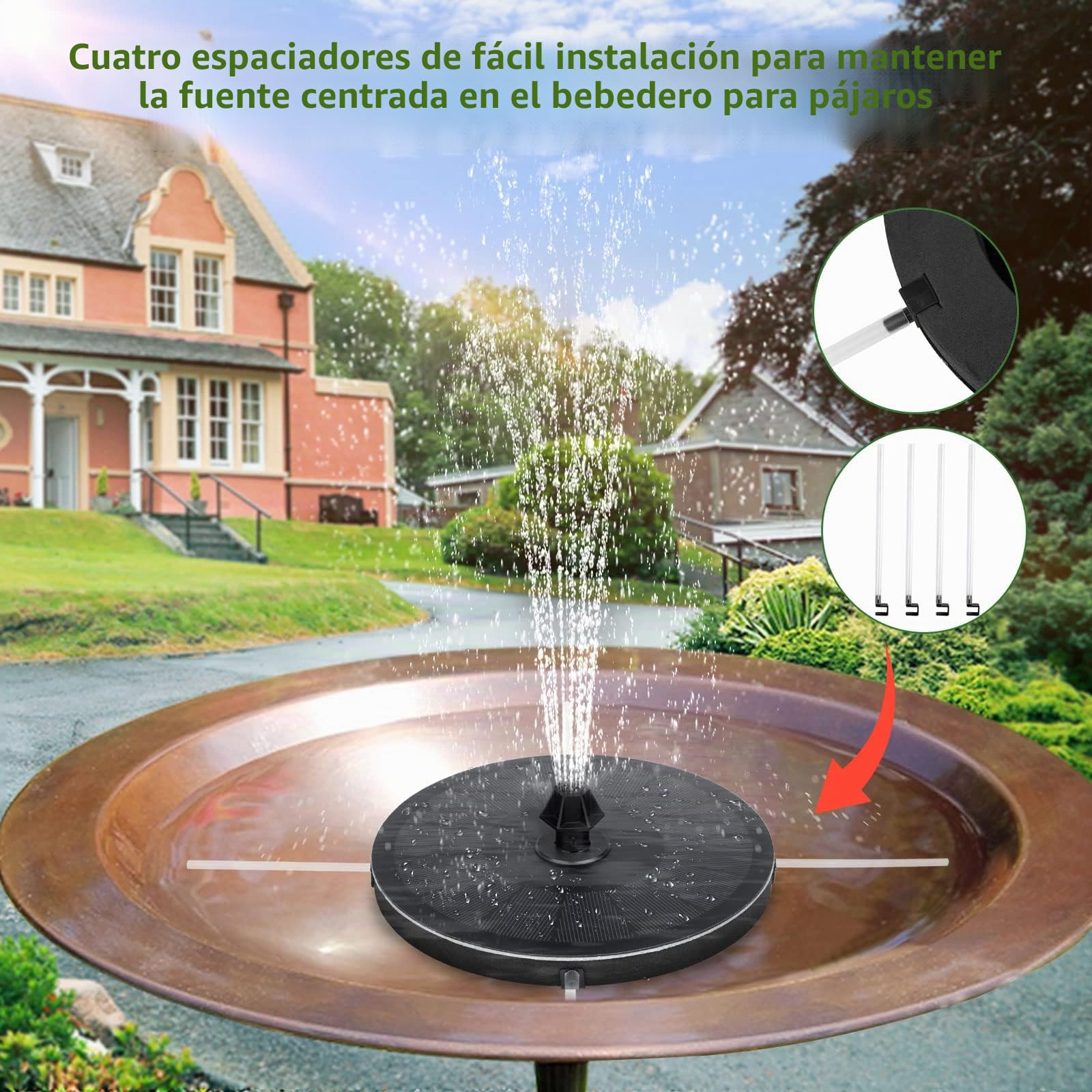 Mademax Fuente solar mejorada con 4 boquillas y fijador fáciles de instalar, bomba de fuente alimentada por energía solar para baño de pájaros, jardín, estanque, piscina, pecera, exterior
