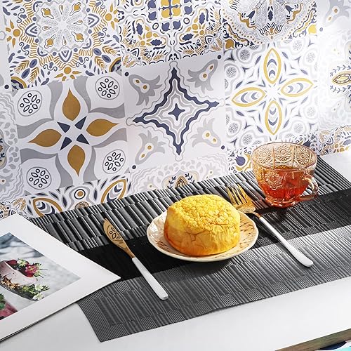 Miniatura 4 de HeloHo Juego de 8 manteles individuales de rayas negras y grises, lavables y resistentes al calor, manteles individuales de vinilo antideslizante,