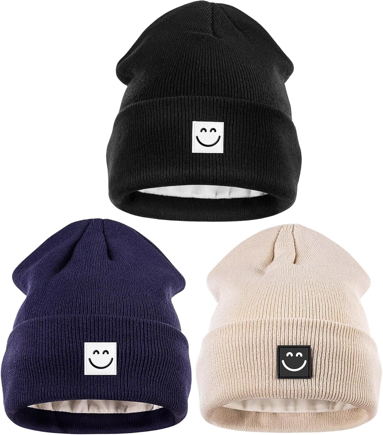 Winter Beanie Hats for Women Men 3Pack,Fleece Lined Womens Winter Hats with Smiley Face,Warm Cute Beanie for Cold Weather