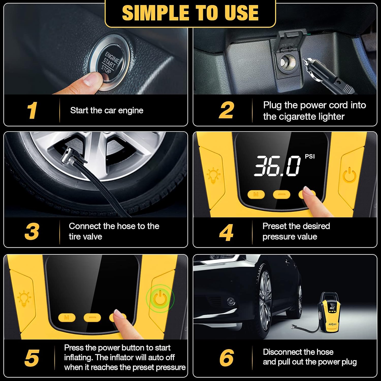 Nulksen Tire Inflator Portable Air Compressor, DC 12V Car Tire Pump with Digital Pressure Gauge, LED Light, Electric Air Pump for Car Tires, Bicycles, and Other Inflatables : Automotive