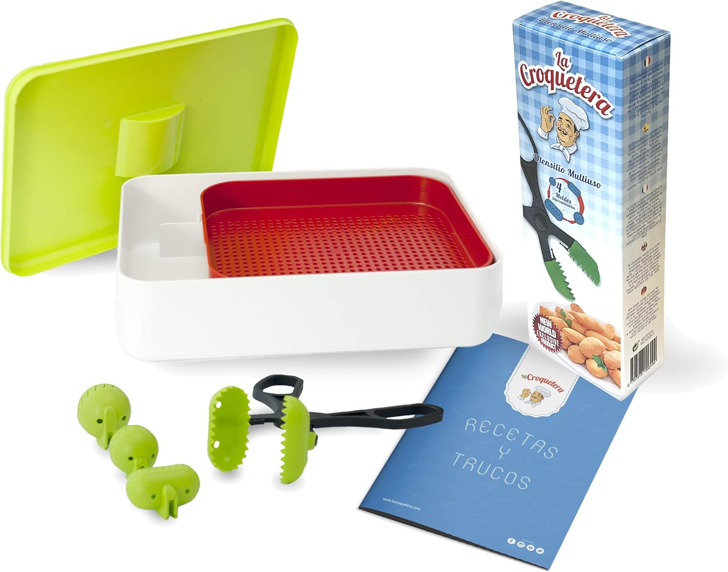 New Deal La Croquetera The Premium Kit: Multi-Purpose Utensil 4 Interchangeable Moulds (Croquettes, Meatballs, Sushi) and Cedar for Cribbing Flour, More Tricks and Tips-Random Colors