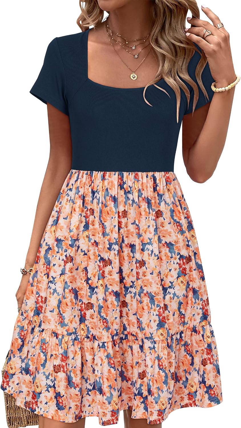 Newshows Women 2025 Summer Dress Square Neck Formal Short Sleeve Business Casual Outfits Ruffle Spring Pockets Sundress
