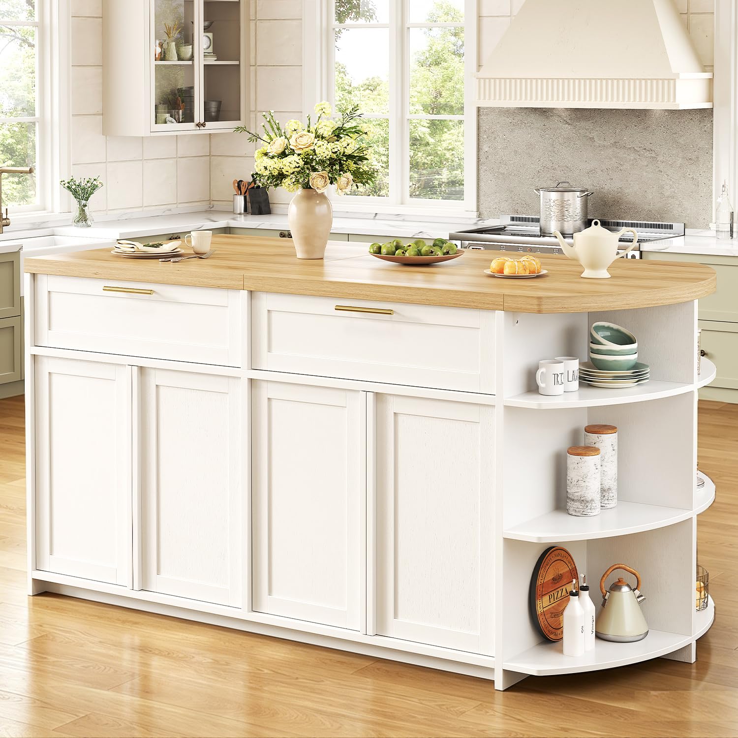 HSH 63 Inch Light Oak Kitchen Island with Storage and Seating