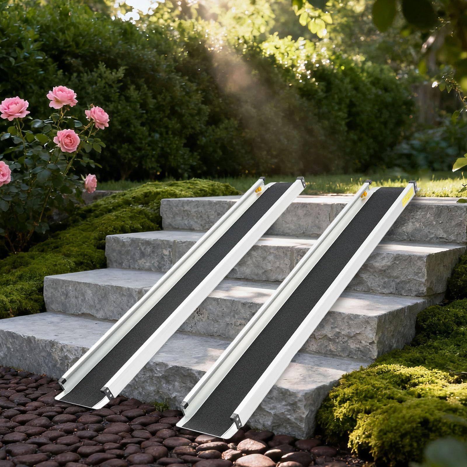Rampa para silla de ruedas (2 unidades, 244 cm, aluminio, con bolsa de almacenamiento, rampas telescópicas ajustables, hasta 300 kg), color plateado