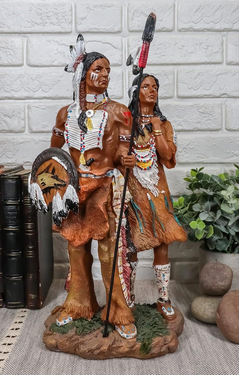 Ebros Gift Colorful Hand Painted Proud Tribal Native American Indian Couple Statue Eagle Warrior Spear Hunter Husband and Wife Family Decorative Figurine 12.5" Tall As Indian Heritage Decor Sculpture