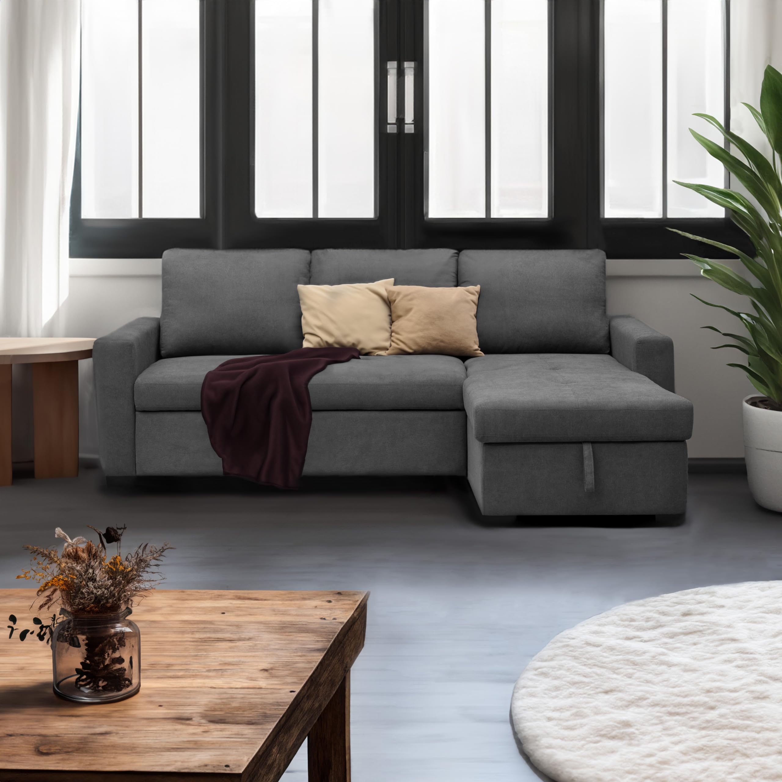 duehome | Sofá Cama 3 Plazas Reversible y con Almacenaje, Sofa con Chaiselong, Modelo Saira, Acabado en Tejido Gris, Medidas: 229 cm (Largo) x 93 cm (Alto) x 93-153 cm (Fondo)