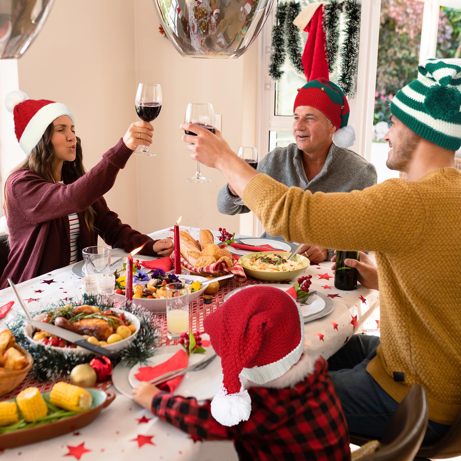 Liitrsh 16 Stück Weihnachtsmütze, gestrickt, Elfenmütze, Weihnachtsmannmütze, gehäkelt, Beanies, Mütze, Faden, gestreift, Urlaub mit Pompon, für Erwachsene, Teenager, Männer, Frauen, Unisex, Rot, Grün