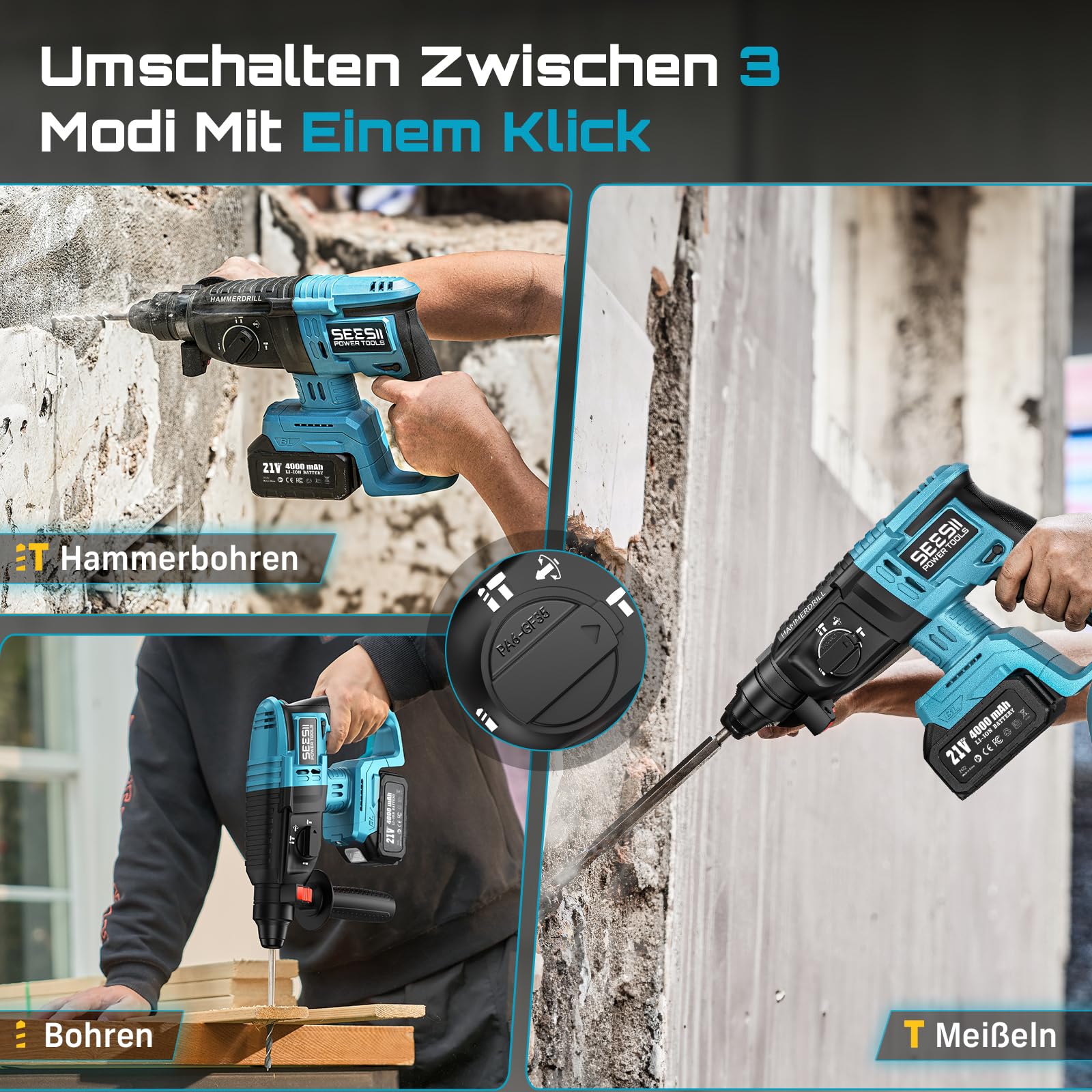 Seesii 2,5J Akku Bohrhammer: 600W Brushless Motor, mit 2 * 4,0AH Akkus und Ladegerät, Verbessertem Sicherheitsdesign, Multifunktionale Akku Schlagbohrmaschine für Heimwerker und Bauarbeiten