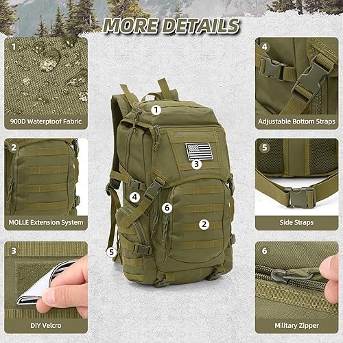 Miniatura 7 de Mochila táctica militar de 35L para hombres, paquete de asalto resistente al agua para mujeres, mochila Molle verde militar, mochila de 3 días para