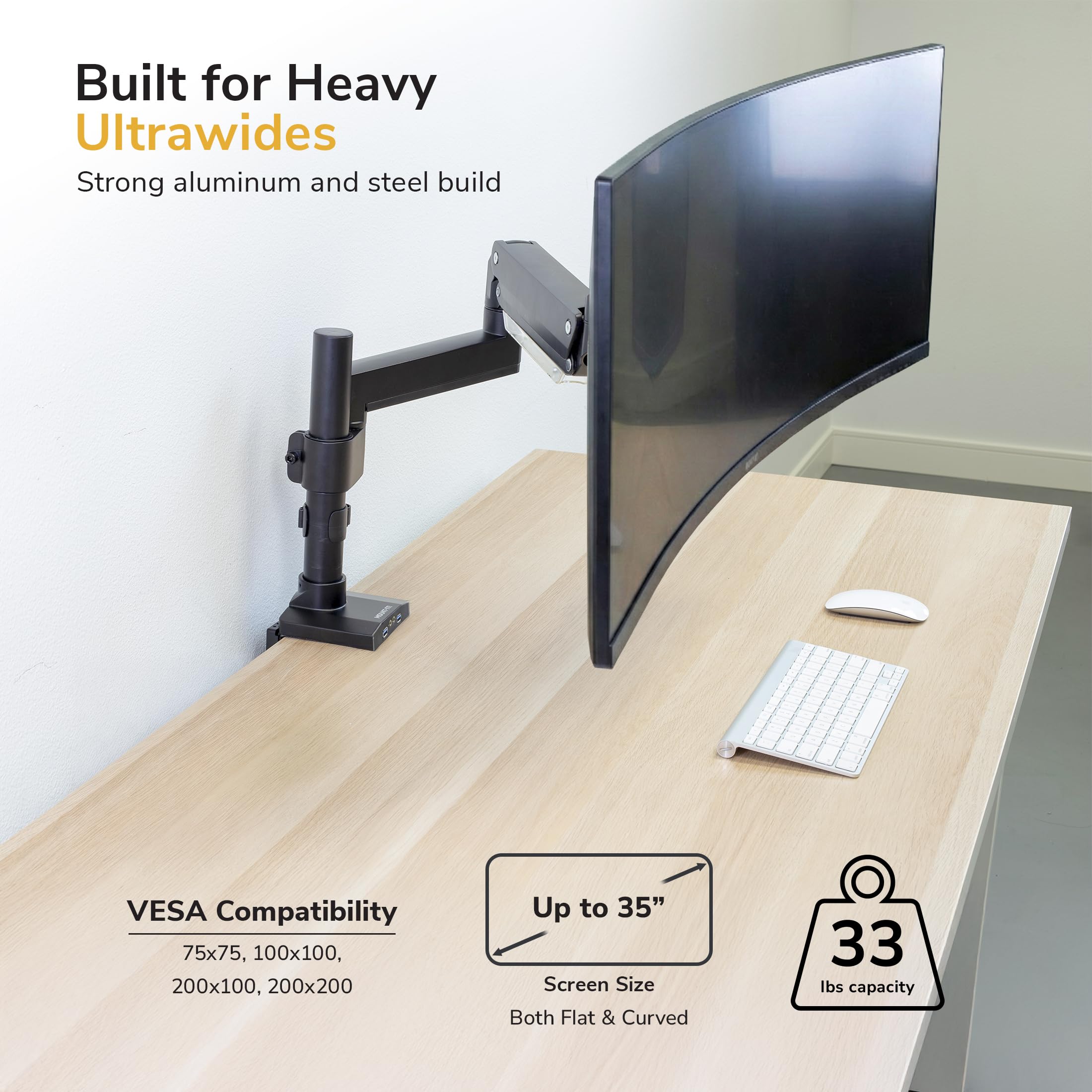 Mount-It! Ultrawide uchwyt biurkowy na monitor, pojedynczy uchwyt na monitor do ciężkich monitorów do 35 cali i 15 kg, kompatybilny z VESA 100, 200 mm, ramię sprężynowe z regulacją wysokości, 2 x USB