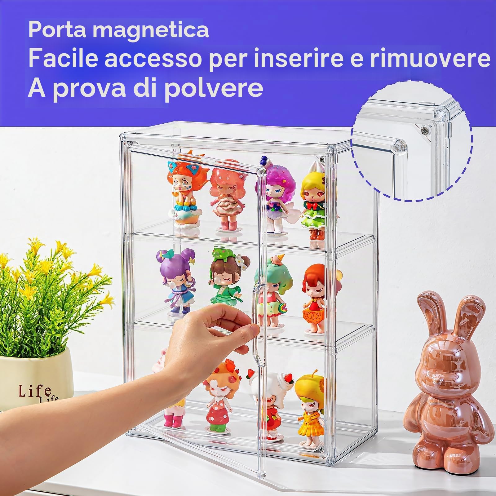 Confezione da 2 vetrine acriliche da collezione, vetrina trasparente in miniatura per figurine, montaggio a parete o scrivania, organizer per armadio a 3 livelli, vetrina a
